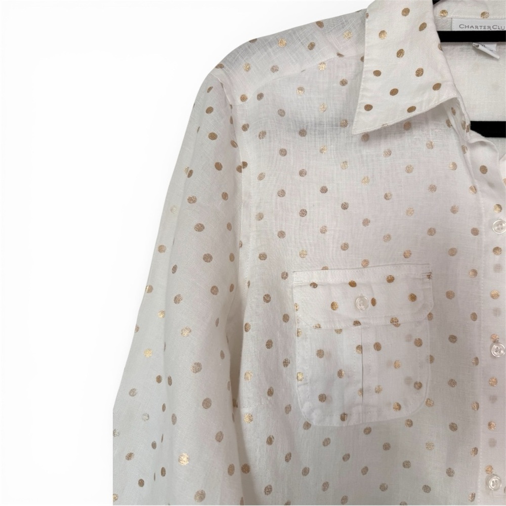 NWOT Charter Club Women’s XL 100% Linen Button Down Shirt Gold Polka Dots Long - Picture 5 of 7